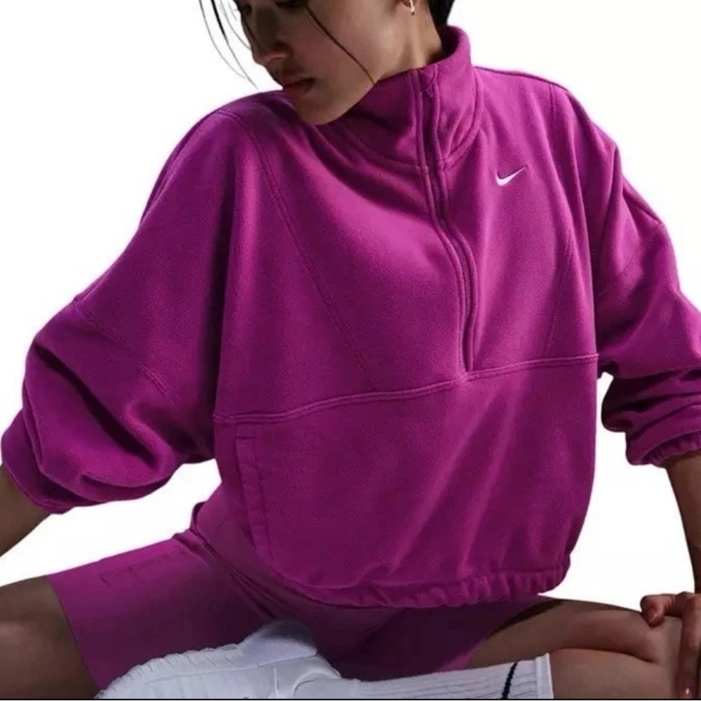 Nike One Therma-FIT Oversized 1/2 Zip Fleece Med Pink Women's/Magenta Sweatshirt - Picture 1 of 8